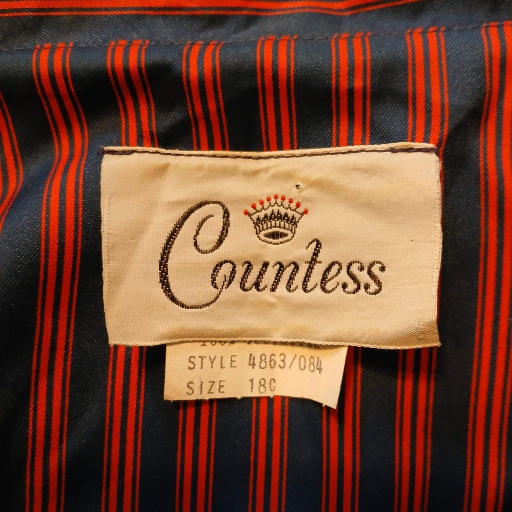 Vtg 80s Countess Striped Shirt Dress Navy Red Midi Button Belted 18C Mod Style - Picture 4 of 11